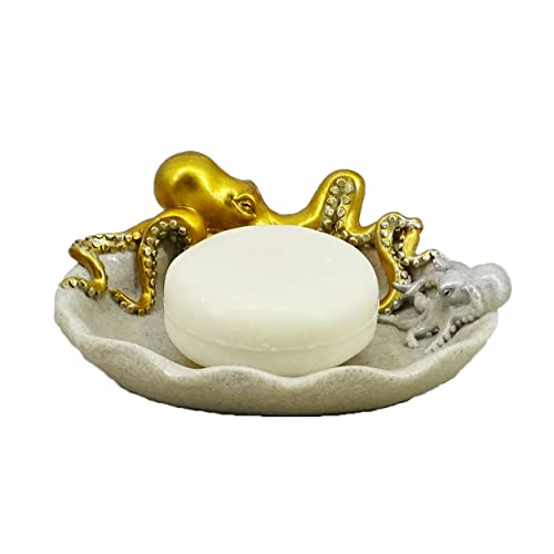 5 Inch Octopus Soap Dish, Gold Resin Bathroom Decor - Cast iron inspired, kitchen sink & vanity use, mother & baby octopus design, coastal organizer