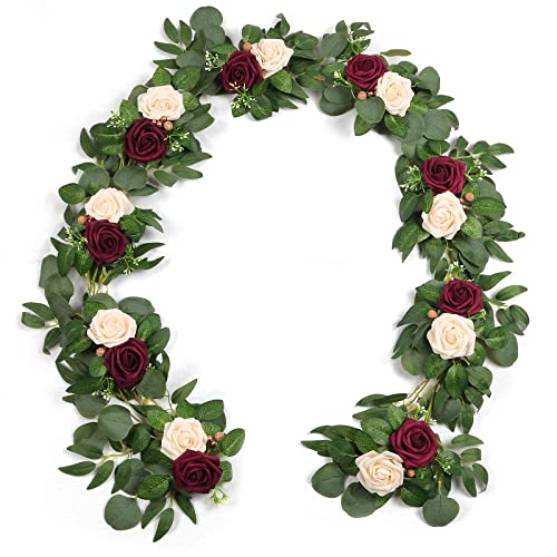 ponatia 6.5FT Handcrafted Artificial Rose Flower Garland, Eucalyptus Greenery Garland for Wedding Ceremony Garlands Backdrop Arch Flowers, Reception Table Decorations (Burgundy & Ivory Cream)