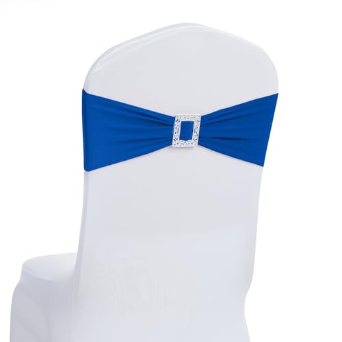 Joccun 60 PCS Spandex Chair Sashes Bows Stretch Chair Cover Band with Buckle Slider Universal Elastic Chair Ties for Wedding Banquet Party Event Decoration (Royal Blue)