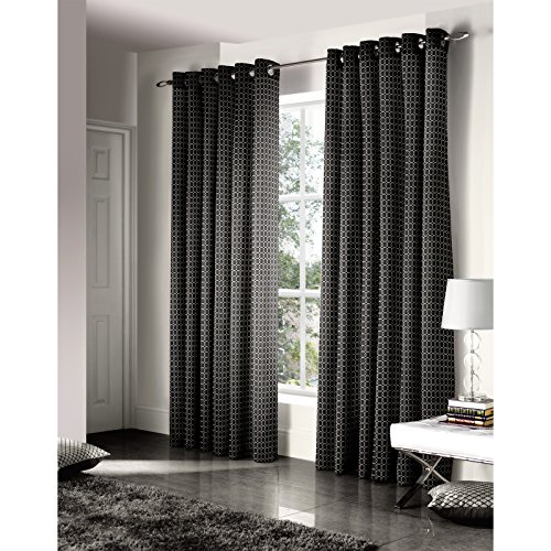 Just Contempo Geometric Eyelet Lined Curtains, Black, 66x54 inches