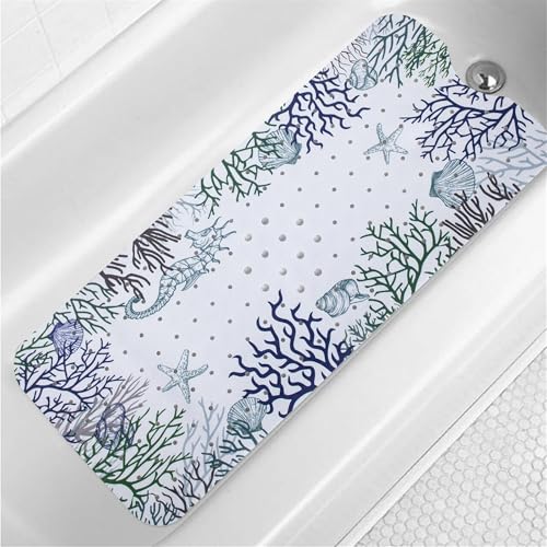 Seahorse Bathtub Mat Non Slip for Kids 40x16in Extra Long Anti Slip Bath Mat for Tub Abstract Bath Shower Mat with Large Drain Holes and Suction Cups Quality Honeycomb Design Bathroom Decor