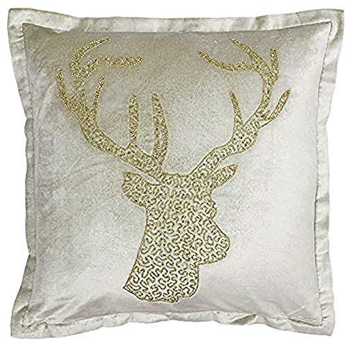 "Riva Paoletti Wonderland Stag Christmas Cushion Cover - Champagne Beige - Sequined Glitter Stag Head Design - Double Flange Edge - 60% Viscose 40% Cotton - 50 x 50cm (20"" x 20"" inches)"