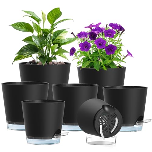 "Meowell Self Watering Pots Set of 7 ??? Assorted Size 4"" to 8"" Indoor Plant Pots with Drainage Holes and Clear Reservoir for Visible Water Level, Plastic Wicking Planter for House Plants & Flower, Black"