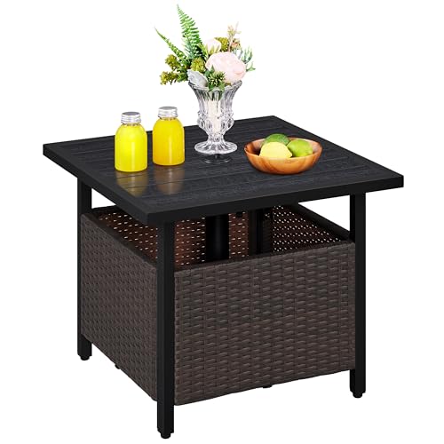 Yaheetech Rattan Outdoor Coffee Table, PE Patio Wicker Bistro Side Table with Umbrella Hole, All Weather Garden Furniture Set for Balcony, Backyard, 55.5 x 55.5 x 47cm, Max Load 120kg, Brown & Black