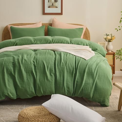 MEISHANG Muslin Duvet Cover Queen Size - 100% Organic Cotton, Soft Textured Gauze Weave Comforter Cover for Breathable All-Season with Zipper Closure - 3 Piece Set (Queen, Dusty Green)