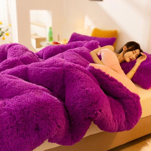 AETVRNI Luxury Plush Shaggy Thick Faux Fur Comforter, Big Heavy Winter Comforter Set, Ultra Soft Thick Blanket All Season Fluffy Bedding 1 Piece(1 Warm Heavy Queen Comforter),Purple,Queen