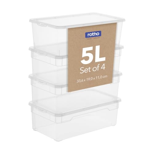 Rotho Clear Storage Boxes with Lids Set of 4 x 5 L Stackable Transparent - Storage Box Set of 4, Clear Sides Show Contents, Lids Included, Nests When Empty, Stackable for Shelves, for Home Use