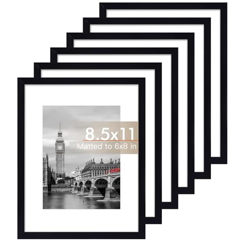 Fixwal 8.5x11 Picture Frame Set of 6 with Shatter Resistant Plastic Glass, Thin Border and Light Weight Photo Frames for Wall or Tabletop Display, Black