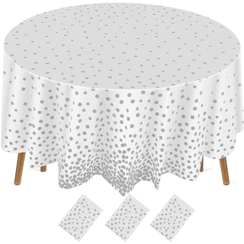 Newwiee 3 Pcs Round Dot Tablecloth 84 Inch Plastic Table Cover Birthday Confetti Tablecloths for Wedding Bridal Shower Retirement Summer Party Decor (White and Silver Dots)
