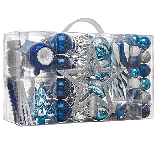 Valery Madelyn Christmas Ornaments Set, 100ct Navy Blue and Silver Shatterproof Christmas Tree Decorations Ball Ornaments Bulk, Winter Wonderland Hanging Ornaments for Xmas Trees Holiday Decor