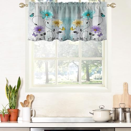"AAtter Floral Kitchen Valance Curtain for Window Flower Colorful Rustic Butterfly Daisy Small Short Home Living Room Bedroom Bathroom Rod Pocket Drape Fabric 1 Panel, 52"" W x 18"" L, Retro"