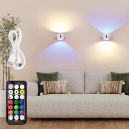 LuminexDesigns 2-Pack Rechargeable LED Wall Light, Wireless No-Drill RGB Wall Lamp White, Stick-On Indoor Cordless Sconce with Remote Control & Touch Dimming Timing for Bedside, Kitchen & Picture