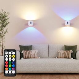 LuminexDesigns 2-Pack Rechargeable LED Wall Light, Wireless No-Drill RGB Lamp White, Stick-On Indoor Cordless Sconce with Remote Control & Touch Dimming Timing for Bedside Kitchen Picture AURI WL01