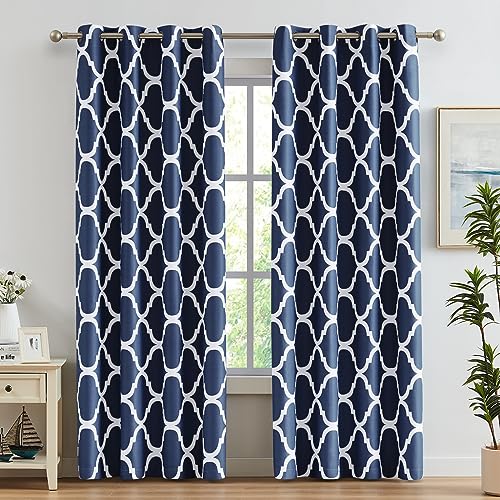 "Melodieux Navy Blue Moroccan Room Darkening Blackout Grommet Curtains 96 Inches Long for Living Room Bedroom, 52"" W x 96"" L, 2 Panels"