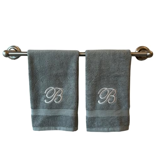 Decorvo Gray Monogrammed Hand Towels for Bathroom - Luxury Hotel Quality Personalized Initial Embroidered Towel for Powder Room, Spa - GOTS Organic Certified - Set of 2 Silver Letter B