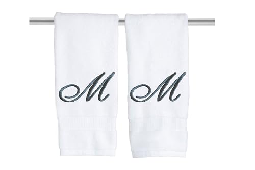 Decorvo White Monogrammed Hand Towels for Bathroom - Luxury Hotel Quality Personalized Initial Embroidered Towel for Powder Room, Spa - GOTS Organic Certified - Set of 2 Dark Gray Letter M