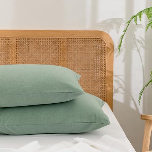BESTOUCH Washed Cotton Pillowcases Linen Feel Green Standard - 100% Washed Cotton, Linen Feel, Soft Wrinkle Texture, Envelope Closure, Breathable Lightweight Durable Comfy, 2 Pcs No Insert