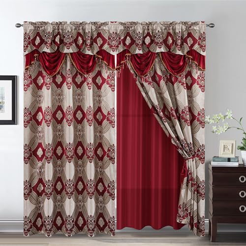 Petrichor Elegant Curtains with Gold Silver Threads 2 Panels Set - Luxury Window Treatment Attached Valance, Sheer Backing, and 2 Tie Backs for Bedroom and Living Room, 54x63 inches, Burgundy