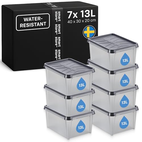 SmartStore Waterproof Plastic Storage Box with Lid 7x 13L, 40x30x20cm - Stackable & nestable boxes for cellar, garage, loft & camping, dustproof containers, clear and food safe