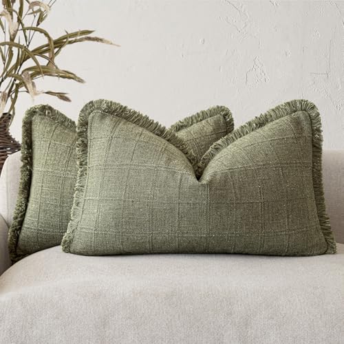 Foindtower Set of 2 Decorative Linen Check Fringe Throw Pillow Covers Farmhouse Lumbar Cushion Covers Modern Boho Home Decor for Sofa Chair Couch Bedroom Living Room Outdoor,12??20 Inch,Sage Green