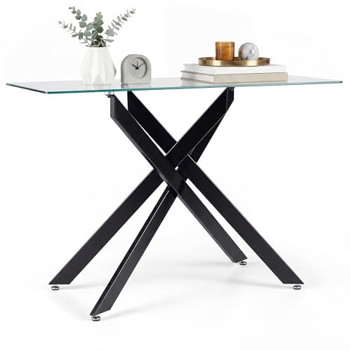 CASART Tempered Glass Console Table, 115cm Narrow Entryway Table with Heavy Duty Metal Tubular Legs, Modern Behind Couch Side Accent Sofa Tables for Hallway Living Room (Black)