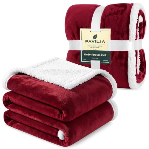 PAVILIA Premium Sherpa Fleece Blanket King Size - Soft, Plush, Fuzzy Burgundy Wine Red Throw - Reversible Warm Cozy Microfiber Solid Bed Blanket (Wine, 90x108 Inches)