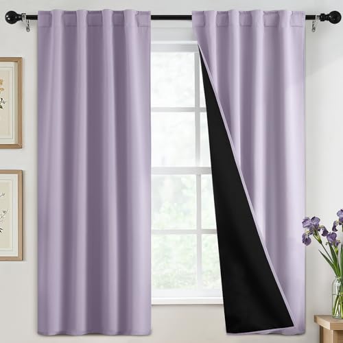 SimpleHome 100% Blackout 63 Inch Lilac Curtains for Living Room - Curtains for Bedroom,Rod Pocket and Back Tab Window Drapes,Room Darkening Curtains with Black Back,40 x 63 Inch,2 Panels