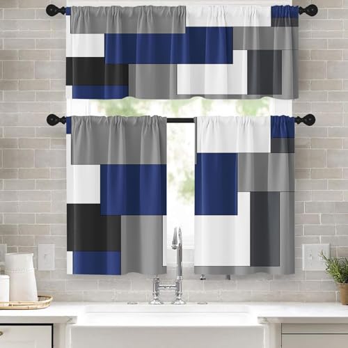 "Tayney Navy Blue Kitchen Curtains Checkered Window Curtains and Valances Set of 3, Black Grey White Geometric Short Tier Curtain, Modern Abstract Small Kitchen Decor 52"" x 24"""