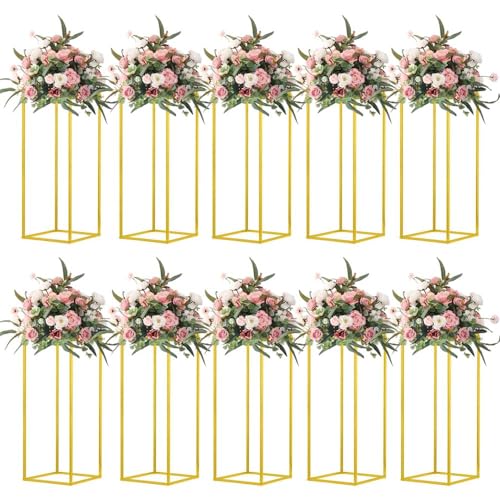 23.6'' 10 pcs Column Vases Gold Centerpieces for Table Metal Flower Stand Gold Wedding Centerpieces for Tables Floor Vase Home Party Wedding Decor Geometric Flower Rack…