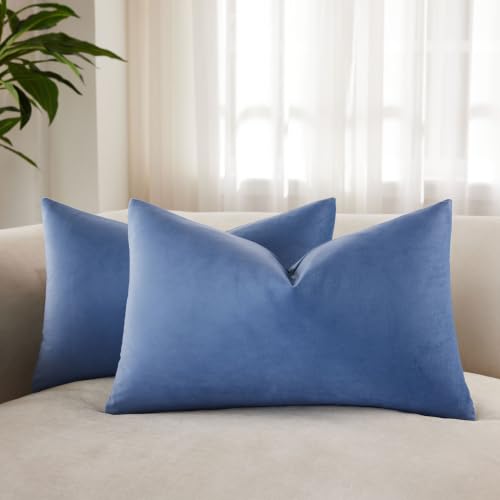 Blue 12x20 Throw Lumbar Pillow Covers Decorative Cushion Covers Set of 2 - JUSPURBET Soft Solid Decorative Pillow Covers,for Chair Living Room Bedroom,Luxury Modern Home Decor,Invisible Zipper