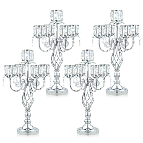 23.2 inch Tall Elegant and Chic 5 Arm Pendant Crystal Candlestick Holder Table Decoration tealight Candle Holder, Candelabra for Gorgeous Wedding/Parties Table Centerpiece (4, Silver)