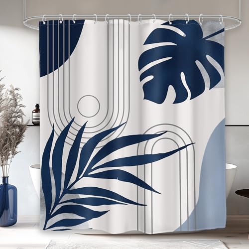 Glawry Abstract Shower Curtain Blue Grey Mid Century Bathroom Curtain Set - Geometric Boho Palm Leaf Sun Arch Botanical Simple Modern Aesthetic 60Wx72L Bathroom Decor Waterproof Fabric with Free Hooks