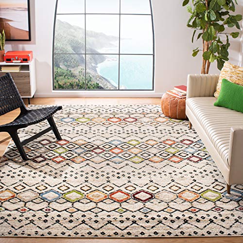 Safavieh Boho Rug for Living Room, Dining Room, Bedroom - Amsterdam Collection, Short Pile, in Ivory and Multi, 200 X 200 cm