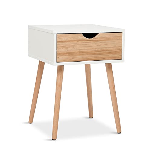 Mondeer Bedside Table with Drawer, 40 x 40 x 56 cm, Scandinavian Style, Suitable for Living Room, Bedroom, White + Oak