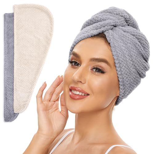 SimpleField Microfiber Hair Towel Wrap for Women - Pack of 2 Quick Drying Hair Turban for Wet Hair, Absorbent, Anti Frizz Hair Care Accessory. (Beige + Grey)