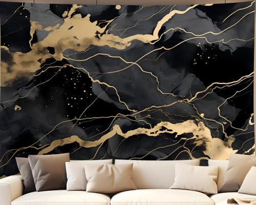 QGHOT Modern Marble Tapestry, Abstract Tapestry Wall Hanging, Geometric Minimalist Tapestry for Bedroom Living Room Bedroom College Dorm Wall Hanging Black Gold Tapestries (80x60 in)