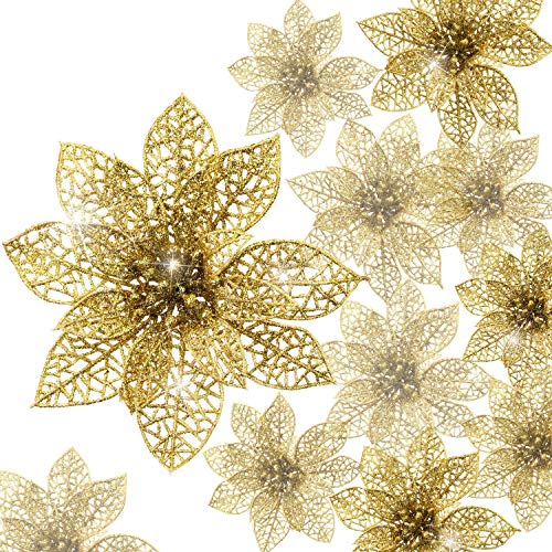 Boao 24 Pieces Glitter Poinsettia Christmas Tree Ornament Christmas Flowers Decor Ornament, 3/4/6 Inches (Gold)