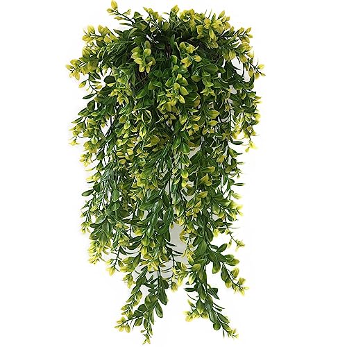 Fake Hanging Vines, Artificial Plants Plastic Leaves Faux Vine Greenery Ivy Plant for Indoor Outdoor Garden Office Bathroom Decor Wedding Party Christmas Baskets DIY Decoration Yellow 2 Pack
