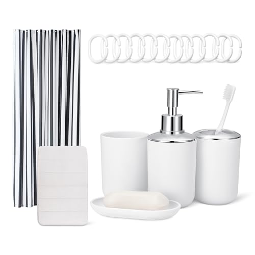 Amazon Basics Bathroom Accessory Set: Shower Curtain with Hooks, Memory Foam Bath Mat, Soap Dispenser, Soap Dish, Toothbrush Holder & Tumbler, White