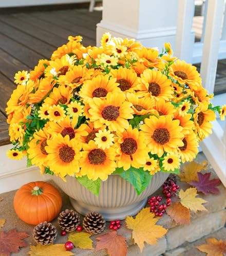 Sunflowers Artificial Flowers, 10 Bunches Fake Sunflower, Artificial Flowers for Outdoors Summer Decoration Look Real UV Resistant Fake Flowers for Home Porch Patio Balcony Garden Wedding Party Office