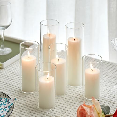 Glass Candle Holders for Pillar Candles,Set of 6 Pillar White Pillar Candles and Glass Cylinder Vases Clear Cylinder Candle,Pillar Candles and Glass,Holders for Pillar Candles Wedding Decoration. (6)