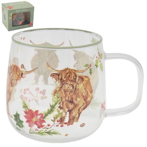 The Leonardo Collection Christmas Highland Cows By Jr Glassware Highland Cow Glass Mug 500ml for Hot & Cold Drinks - Durable Coffee Cups for Home & Office - Easy-to-Hold Coffee Mugs for Daily Use