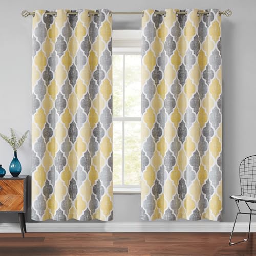 Beauoop Moroccan 100% Blackout Curtains Bedroom Yellow Grey 50x72 2 Panels - Geometric Room Darkening Drapes for Living Room 72 Inch Long Thermal Insulated Soundproof Lattice Window Treatment Grommet
