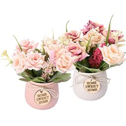 LUEUR Artificial Potted Flower 2pcs Fake Flowers in Pot Silk Rose Bouquet Decoration with Ceramics Vase Fake Plants Floral Arrangement for Table Centerpieces Spring Decor Home Office Wedding Décor