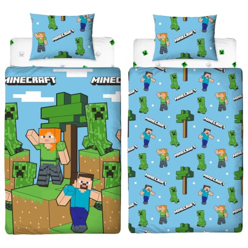 Minecraft Officially Licensed 3 Piece Bed Bundle Set, Single Duvet Cover, Pillowcase And Fitted Sheet, Epic Design, For Single Beds, Kids Gaming Bedroom