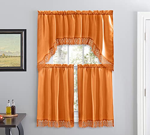 American Linen Café Curtains for Kitchen, Bathroom Curtains with Valance, Embroidered lace Border. (Orange)