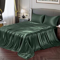 Vonty Satin Sheets - Silky Soft Forest Green Satin Sheet Set, 1 Deep Pocket Fitted + 1 Flat + 2 Pillowcases
