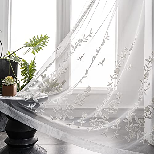 Melodieux Flower Embroidery Sheer Curtain for Living Room Bedroom, Farmhouse Style Rod Pocket Voile Drape, White Flower, 52 by 96 Inch (1 Panel)