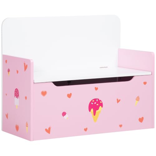 ZONEKIZ 2 in 1 Wooden Toy Box with Seat, Kids Bench, Pink