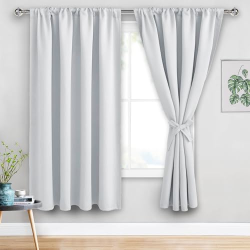 JIUZHEN Curtains for Bedroom - Thermal Insulated Room Darkening Noise Reducing, 70 x 63 Inch Blackout Curtains for Living Room, Light Blocking Drapes Set of 2 Panels with Tiebacks, Greyish White